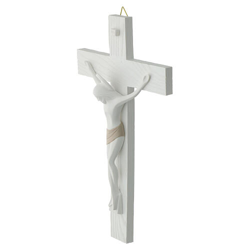 Modern crucifix of white and dove-coloured resin, Valenti Argenti, 9 in 2