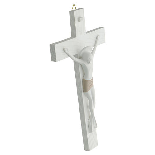 Modern crucifix of white and dove-coloured resin, Valenti Argenti, 9 in 3