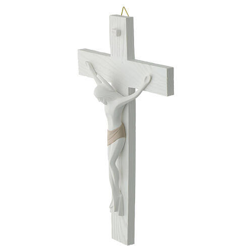 Crucifix of modern style, white and dove-coloured resin, Valenti, 12 in 2