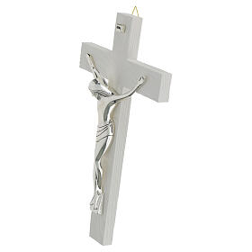 Modern White Resin Crucifix with Polished Silver Body by Valenti 30 cm