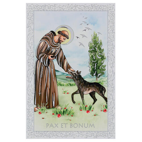 Wooden panel of Saint Francis of Assisi with a wolf by Valenti, 7x4 in 1