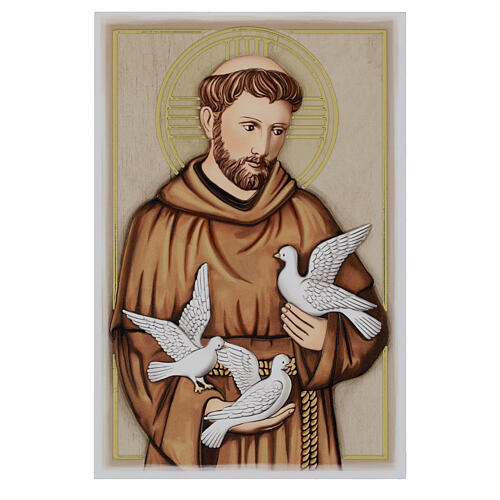 St. Francis of Assisi with doves, wooden picture by Valenti, 5x4 in 1