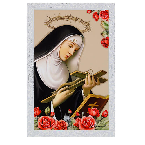 Saint Rita, small picture with silver decorations on wood by Valenti, 6x4 in 1