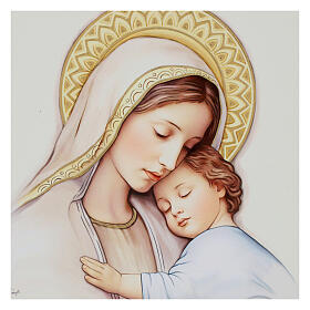 Virgin with Baby Jesus, small wooden picture by Valenti, 7x7 in