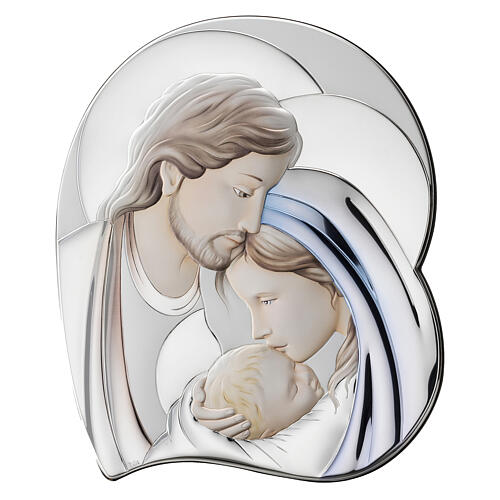 Thilia, Reliefbild, Heilige Familie, Herzform, Aluminium silberfarben, mit farbigen Details – 30 × 20 cm 1