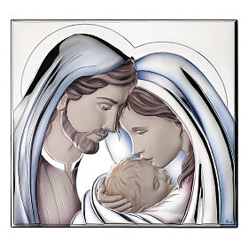 Sacra famiglia quadretto Thilia bassorilievo alluminio argentato colorato 15x15 cm