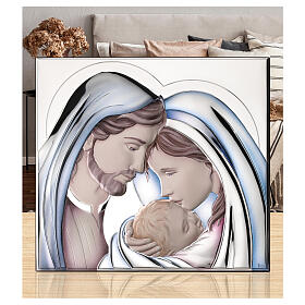 Sacra famiglia quadretto Thilia bassorilievo alluminio argentato colorato 15x15 cm