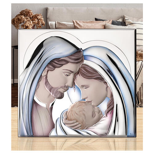 Obrazek „Święta Rodzina” Thilia, płaskorzeźba ze srebrzonego aluminium, kolorowana, 15×15 cm 2