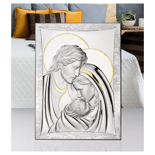 Holy Family bas-relief aluminum silver-plated picture gold details Thilia, 30x20 cm 2