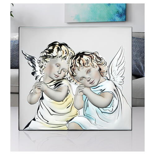 Tableau Thilia bas-relief petits anges en aluminium argenté coloré 15x15 cm 2