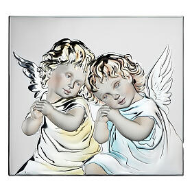 Quadretto Thilia bassorilievo angioletti alluminio argentato colorato 15x15 cm