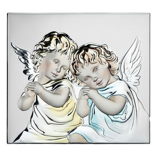 Quadretto Thilia bassorilievo angioletti alluminio argentato colorato 15x15 cm 1