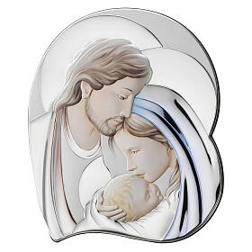 Thilia, Reliefbild, Heilige Familie, Herzform, Aluminium silberfarben mit farbigen Details – 35 × 35 cm