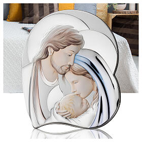 Quadro Thilia bassorilievo alluminio argentato colorato cuore Sacra Famiglia 35x35 cm