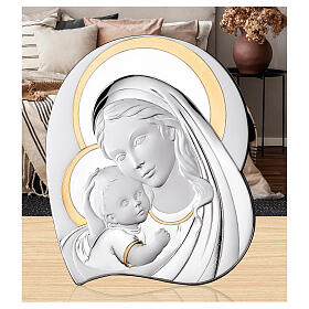 Bassorilievo Thilia alluminio argentato Madonna con bambino dettagli oro 30x20 cm