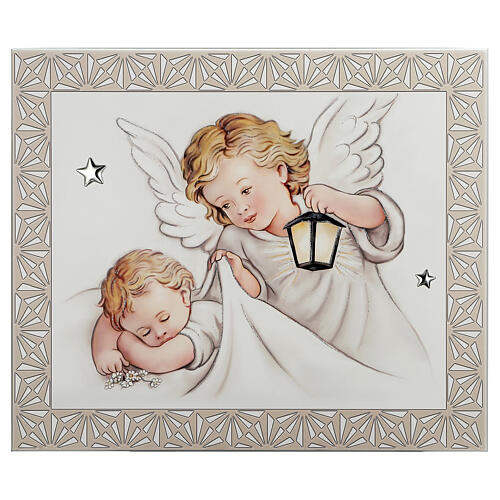 Quadretto Thilia in MDF bambino ed angelo con lanterna 15x20 cm 1