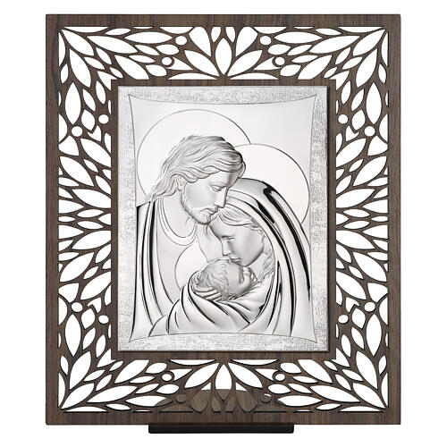 Cornice Thilia in MDF scuro traforata bassorilievo alluminio argentato S. Famiglia 20x20 cm 1