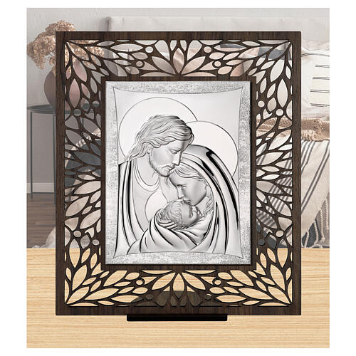 Cornice Thilia in MDF scuro traforata bassorilievo alluminio argentato S. Famiglia 20x20 cm 2