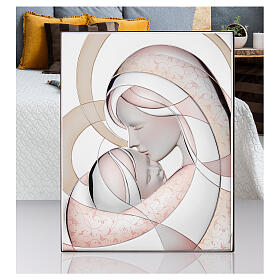 Thilia, Reliefbild, Gottesmutter mit Kind, Aluminium silberfarben mit rosa und goldfarbenen Details – 30 × 20 cm