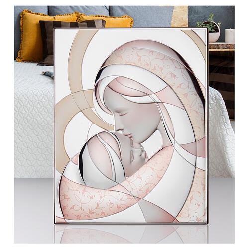 Baixo-relevo Thilia Virgem com Menino Jesus em alumínio prateado cor-de-rosa dourado 30x20 cm 2