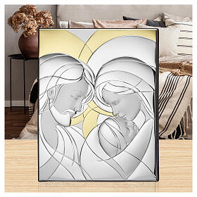 Silver-plated aluminum Thilia bas-relief, Holy Family with golden halo, 12x8 in