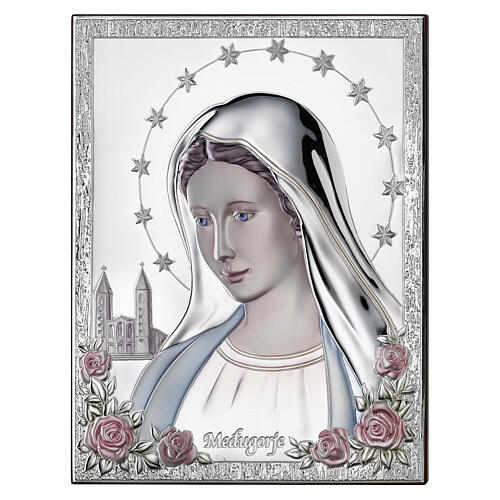 Thilia, Reliefbild, Madonna von Medjugorje, Aluminium silberfarben mit farbigen Details – 30 × 20 cm 1