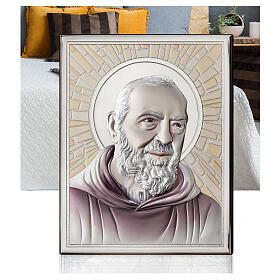 Quadretto Thilia Padre Pio bassorilievo alluminio argentato colorato 15x10 cm