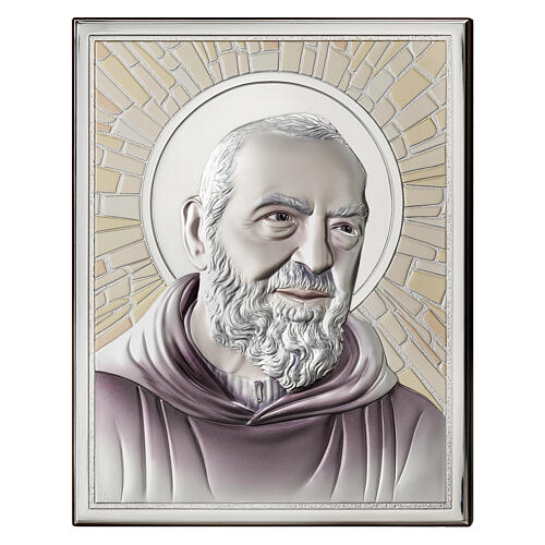 Quadretto Thilia Padre Pio bassorilievo alluminio argentato colorato 15x10 cm 1