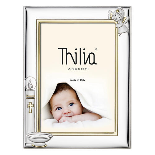 Cornice Thilia Battesimo alluminio argentato candela angioletto 20x15 cm 1
