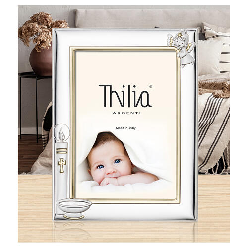 Cornice Thilia Battesimo alluminio argentato candela angioletto 20x15 cm 2