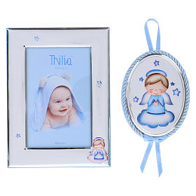 Thilia, Set: Bilderrahmen und Schutzbildchen für die Wiege, Engel in Blau, silberfarben – 19 × 14 cm