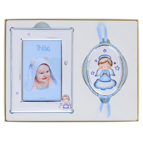 Thilia, Set: Bilderrahmen und Schutzbildchen für die Wiege, Engel in Blau, silberfarben – 19 × 14 cm 1