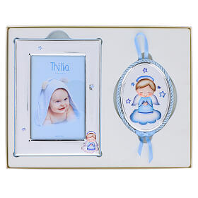 Frame and cradle medal set by Thilia, silver with blue angel and stars
