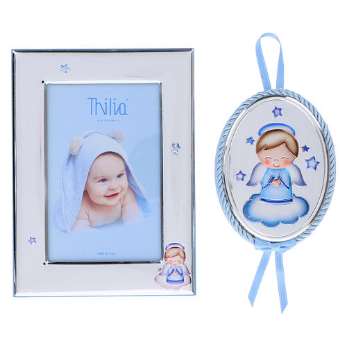 Ensemble cadre et médaille de berceau Thilia en argent étoiles petit ange bleu 2