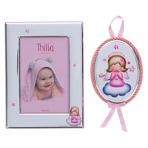 Set cadre et médaille Thilia argent étoiles petit ange rose 2