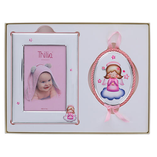 Conjunto porta-retrato Thilia em prata com estrelas e medalha de berço com anjinho cor-de-rosa 1