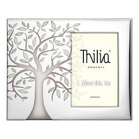 Cornice Thilia  alluminio argentato Albero della Vita foglie verdi foto a lato 20x25 cm