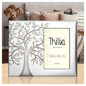 Cornice Thilia  alluminio argentato Albero della Vita foglie verdi foto a lato 20x25 cm