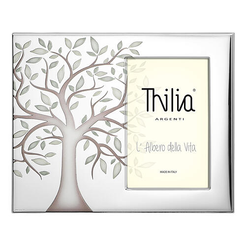 Cornice Thilia  alluminio argentato Albero della Vita foglie verdi foto a lato 20x25 cm 1