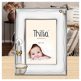 Cornice Thilia alluminio argentato fonte battesimale candela cuori doppia finitura 25x20 cm