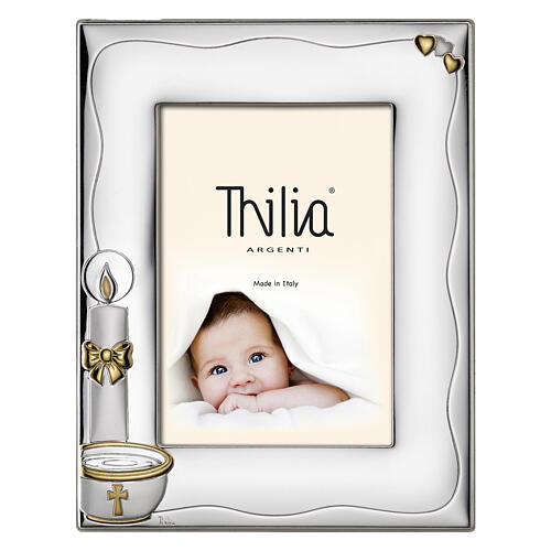 Cornice Thilia alluminio argentato fonte battesimale candela cuori doppia finitura 25x20 cm 1