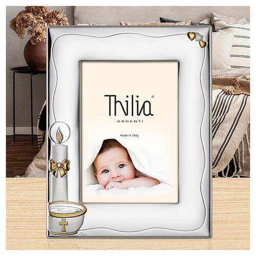 Cornice Thilia alluminio argentato fonte battesimale candela cuori doppia finitura 25x20 cm 2