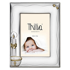 Quadro Thilia alumínio prateado pia batismal vela corações duplo acabamento 25x20 cm