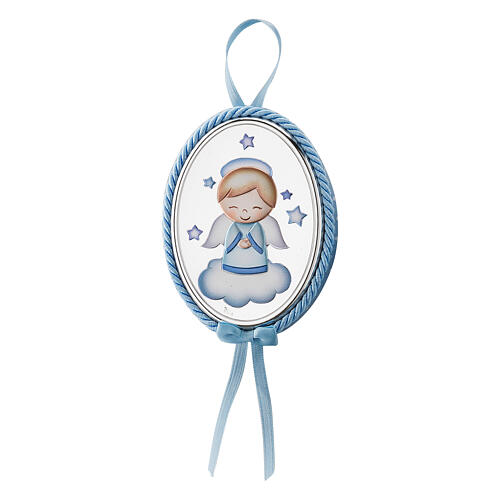Thilia oval blue cradle medal with little angel on a cloud and stars 1