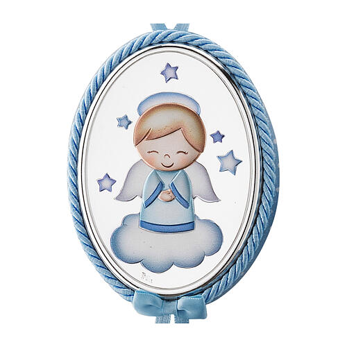 Crib ornament oval light blue with angel on cloud and stars, Thilia 3