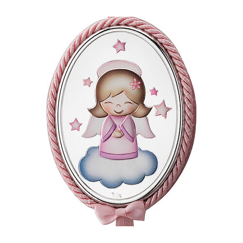 Medallón para cuna Thilia ovalado rosa imagen angelito en nube con estrellas 3