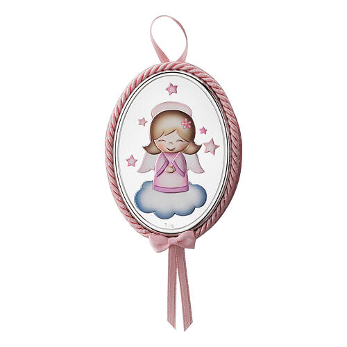 Médaille berceau Thilia ovale rose, image petit ange sur un nuage avec étoiles 1