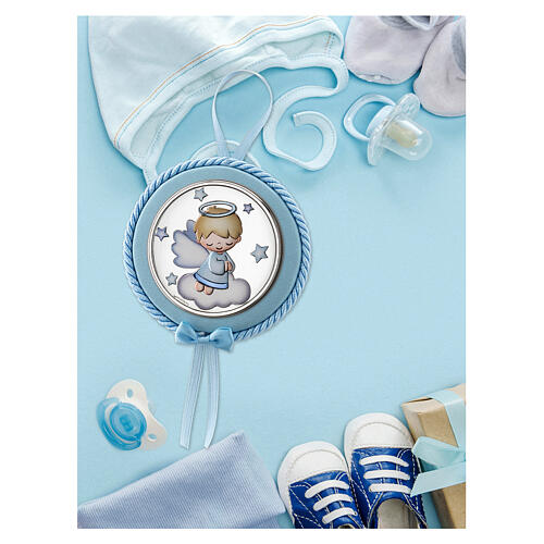Medallón para cuna redondo Thilia angelito azul aluminio plateado 2