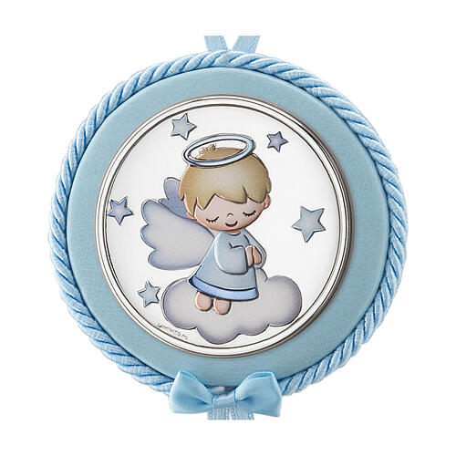 Medallón para cuna redondo Thilia angelito azul aluminio plateado 3