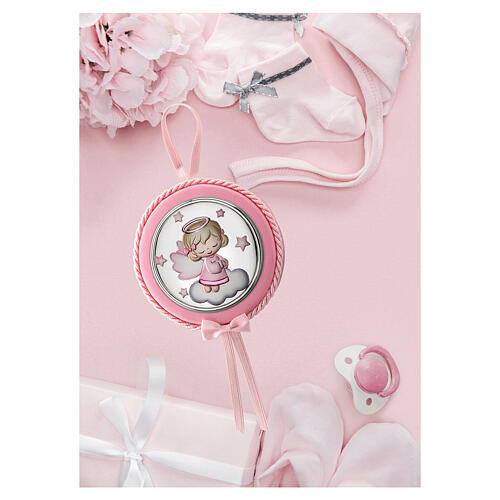 Thilia round pink crib medal with angel on a cloud and little stars 2